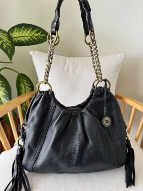 The Sak Black Pebbled Leather Hobo Chain Tassel Shoulder Purse Satchel Handbag